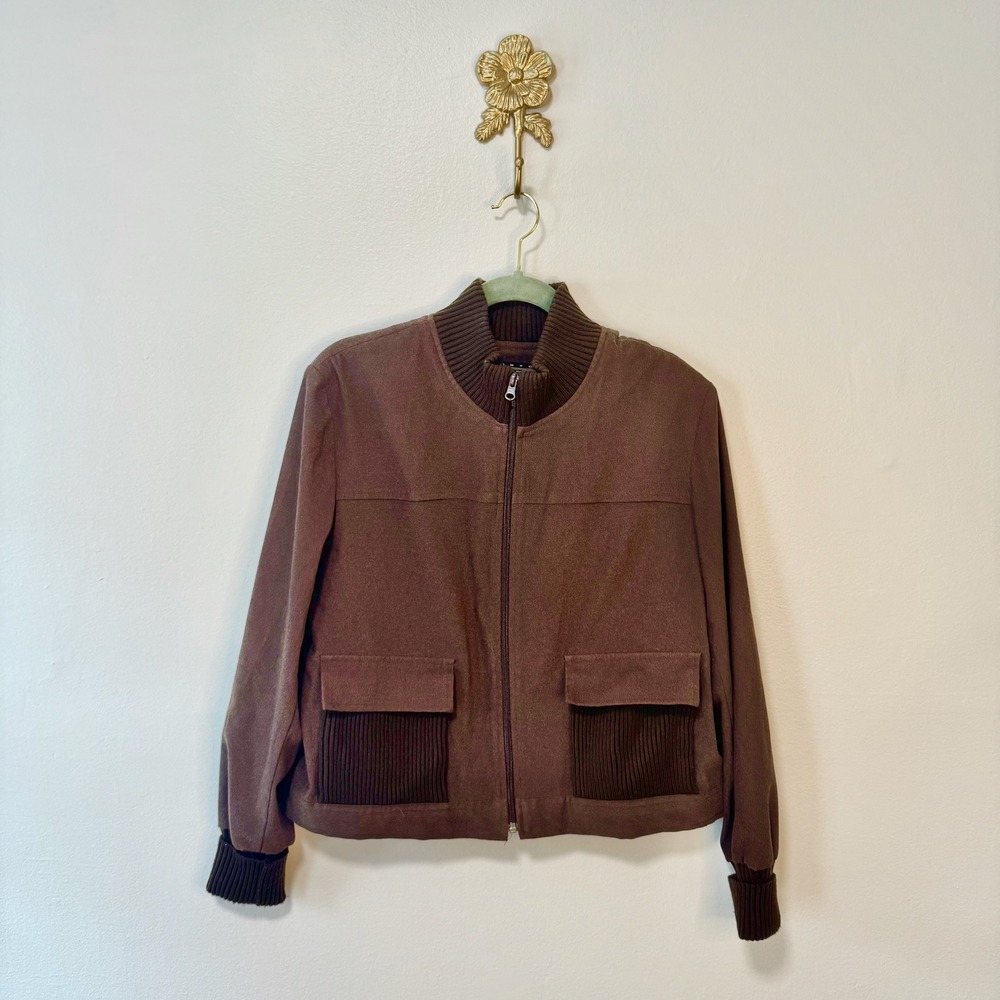 VTG 90s Y2K Chocolate Brown Ribbed Knit Utility Bomber Jacket Norton McNaughton